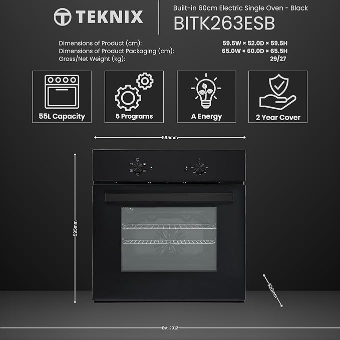 Teknix BITK263ESB - Black 55L Single Oven - Slim Depth - A Energy
