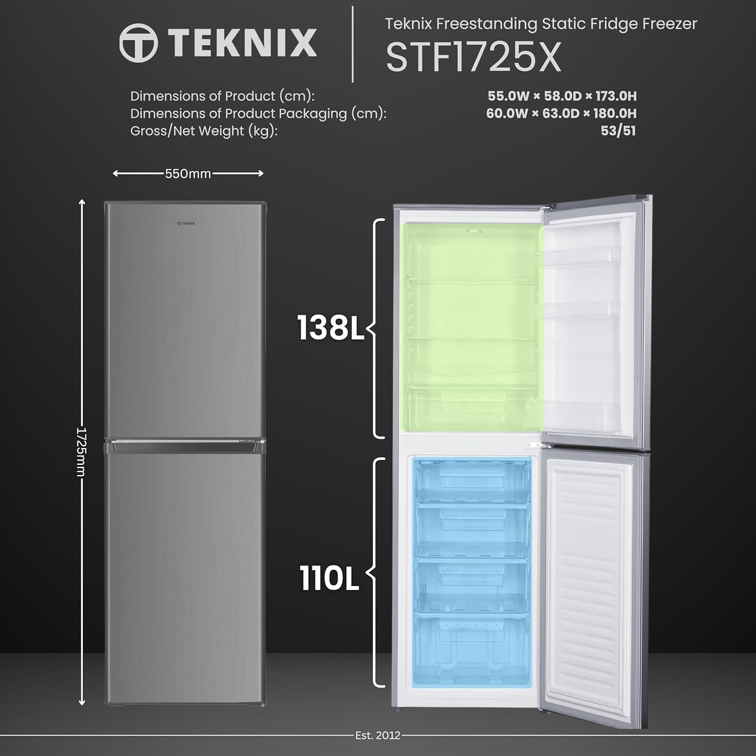 Teknix STF1725X - Inox 50/50 Fridge Freezer - 138L Fridge/110L
