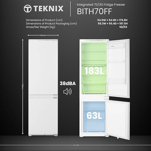 Teknix BITH70FF - White 70/30 Integrated Fridge Freezer - 246L - E energy