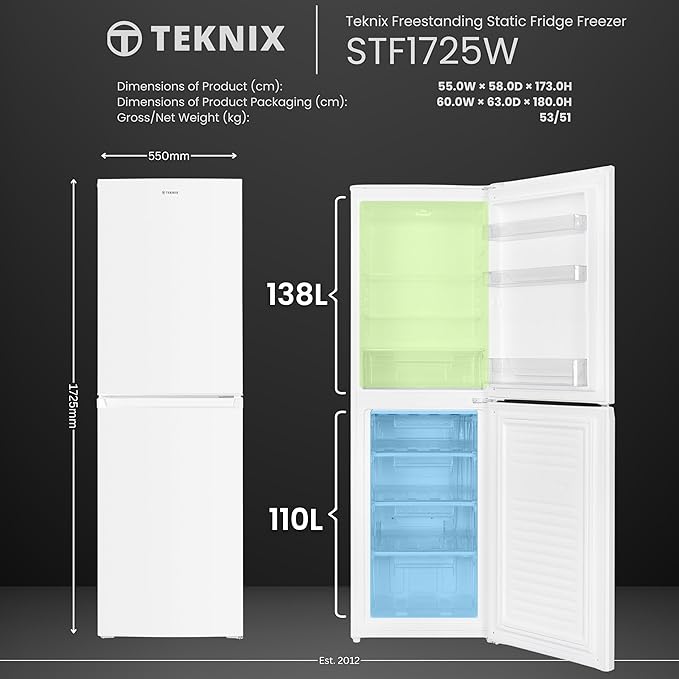 Teknix STF1725W - White Fridge Freezer - 248 Litres - E Energy