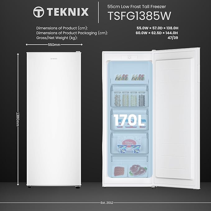 Teknix TSFG1385W - White 161L Freezer - Smart Frost - E Rated - Display