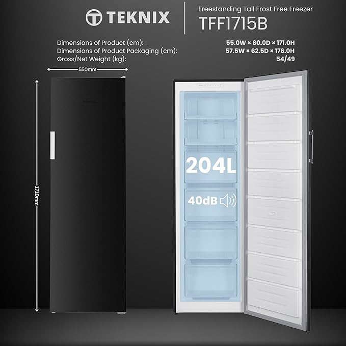 Teknix TFF1715B - Black Freestanding Tall Freezer - 204L Frost Free - E Energy