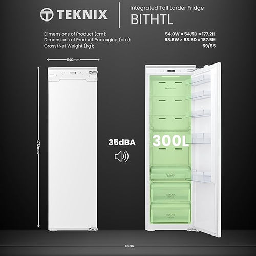 Teknix BITHTL 300L Integrated Tall Larder Fridge - E Energy Rating