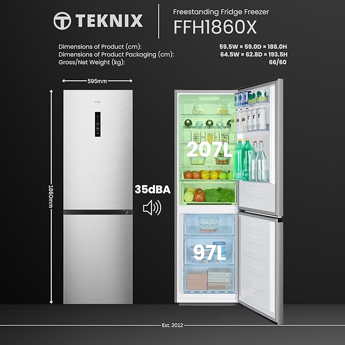Teknix FFH1860X - Stainless steel Freestanding 60/40 Frost Free Fridge Freezer - E energy