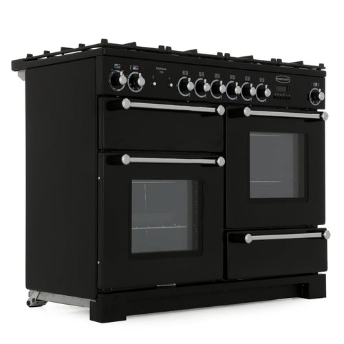Rangemaster Kitchener KCH110DFFBL/C - Black/Chrome Dual Fuel Range Cooker - 110cm - A Rated