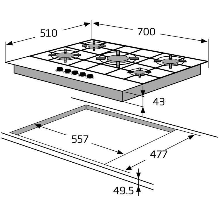 Amica AGVH7300BL - Gas on Glass 5 Zone Gas Hob