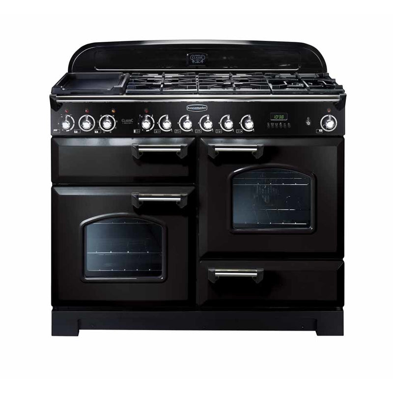 Rangemaster Classic Deluxe CDL110DFFBL/C - Black/Chrome Dual Fuel Range Cooker - 146L - A Energy Rated