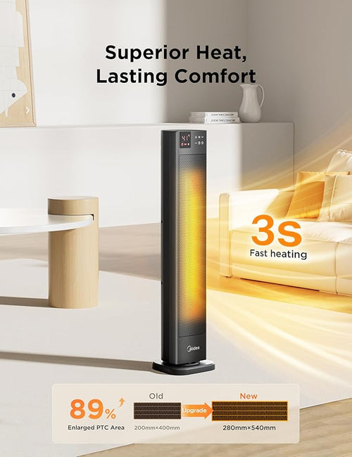 Midea MHF202RSBPK - Black 2000W Ceramic Tower Heater - 75° Oscillation - 24-Hour Timer