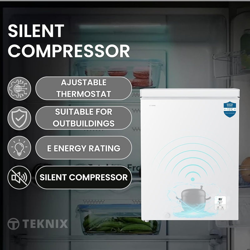 Teknix CH95 - White 95L Chest Freezer - Garage Safe - 4 Star, E Energy Rating