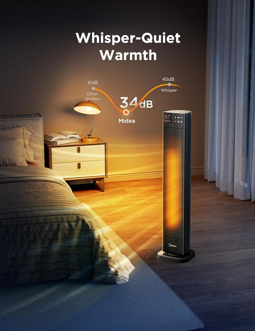 Midea MHF202RSBPK - Black 2000W Ceramic Tower Heater - 75° Oscillation - 24-Hour Timer