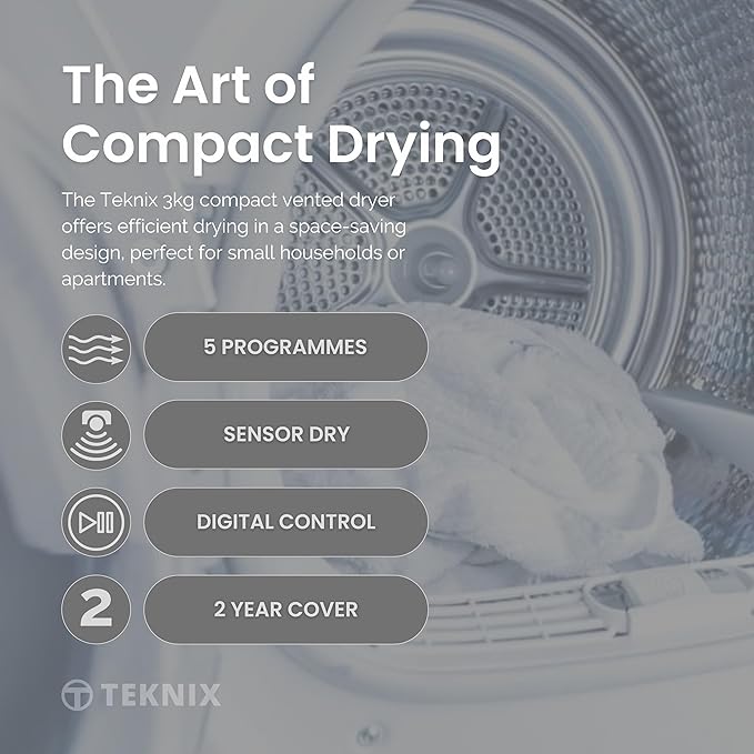 Teknix TK2V3W - White 3KG Tumble Dryer - Compact Vented - C Energy Rating