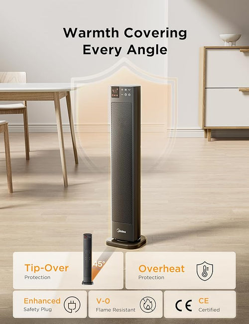 Midea MHF202RSBPK - Black 2000W Ceramic Tower Heater - 75° Oscillation - 24-Hour Timer