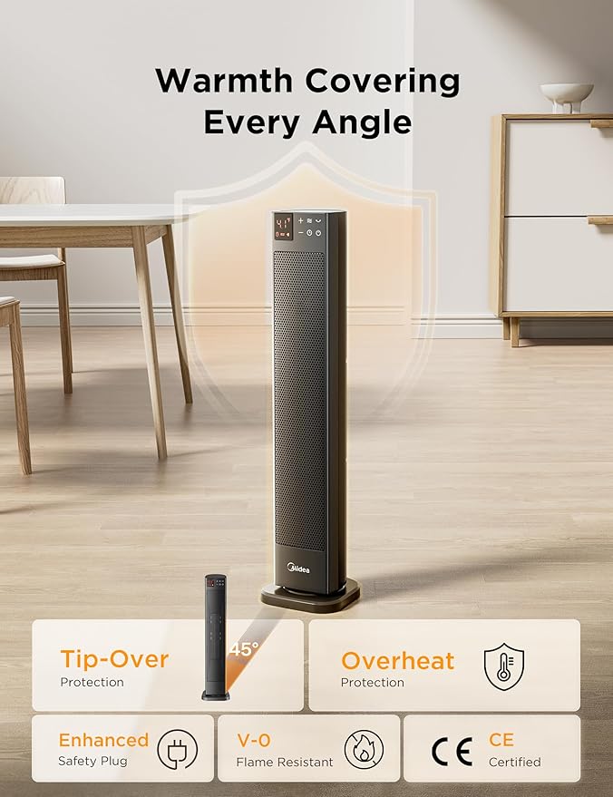 Midea MHF202RSBPK - Black 2000W Ceramic Tower Heater - 75° Oscillation - 24-Hour Timer