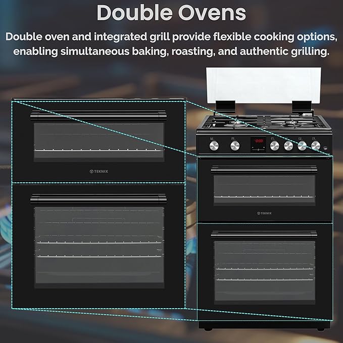 Teknix TKGD60B - Black Double Oven Gas Cooker - 60cm - Energy Rating A