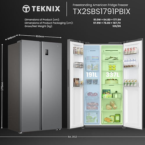 Teknix TX2SBS1791PBIX - Stainless Steel American Fridge Freezer - 523L - E Energy Rating