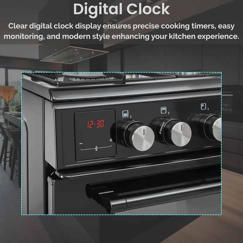 Teknix TKGD50B - Black 50cm Freestanding Gas Cooker - Double Oven & 4 Burner Hob - A+ Energy Rated