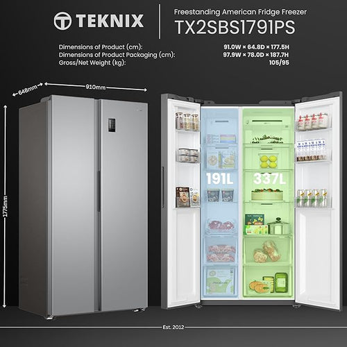 Teknix TX2SBS1791PS - Silver American Fridge Freezer - 530L - Side-by-Side - Frost Free - E Energy