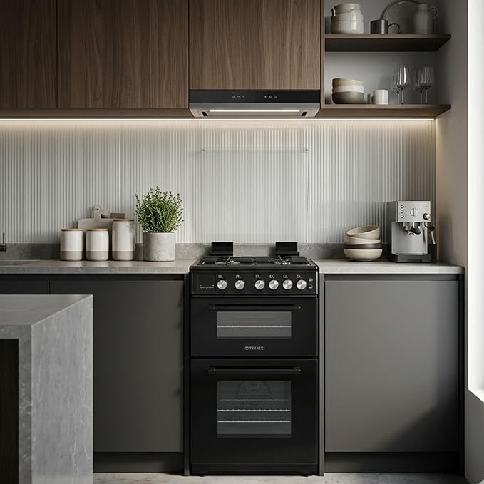 Teknix TKGD50B - Black 50cm Freestanding Gas Cooker - Double Oven & 4 Burner Hob - A+ Energy Rated