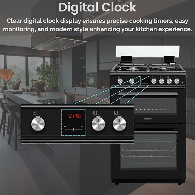 Teknix TKGD60B - Black Double Oven Gas Cooker - 60cm - Energy Rating A