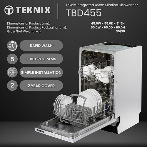 Teknix TBD455 - Integrated Dishwasher - A+ energy