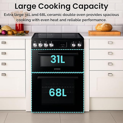 Teknix TKED64INDB - Black 60cm Induction Double Oven Electric Cooker - 4 Zones, 99L Capacity, A Energy