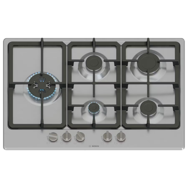 Bosch PGM7B5K90 - Stainless Steel 75cm Gas Hob - 5 Burners with Wok - Built-in