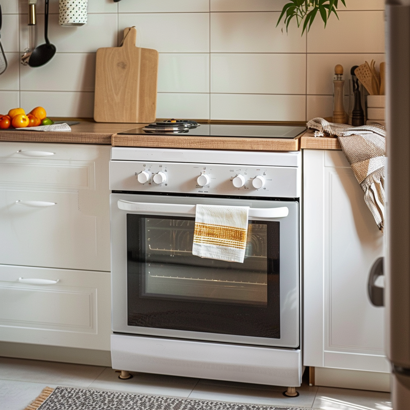 A white electric cooker in a kitchen