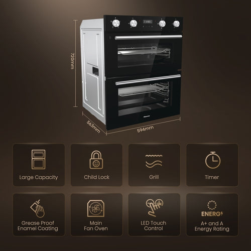 Hisense BID75211BGUK - Black Built-Under Double Oven - 54L - A Energy Rated