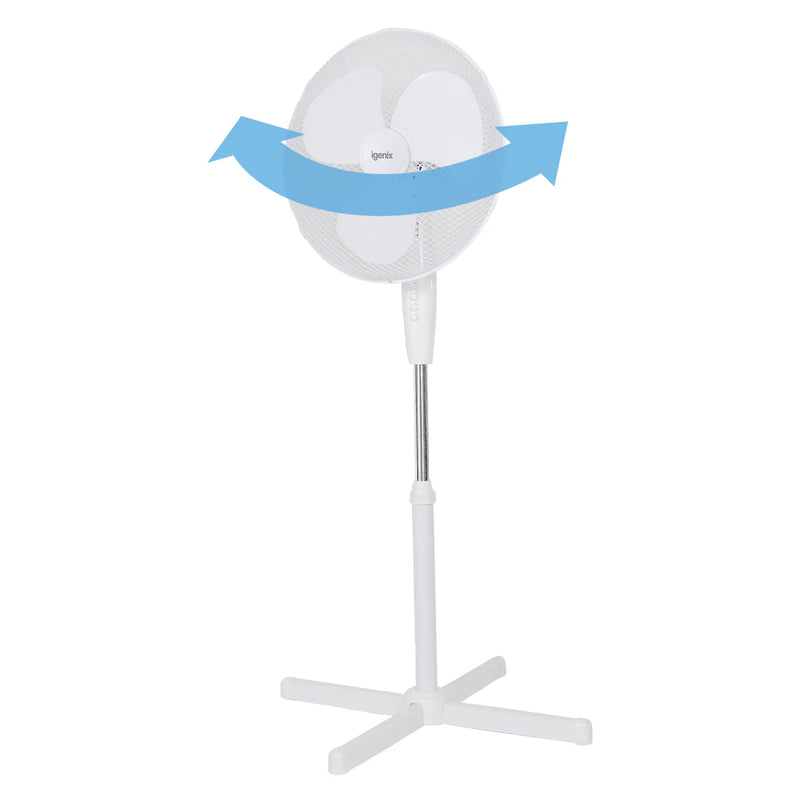 Igenix DF1655 - White 16 Inch Pedestal Fan - 3 Speed, Oscillating, Adjustable Height - A+ Energy