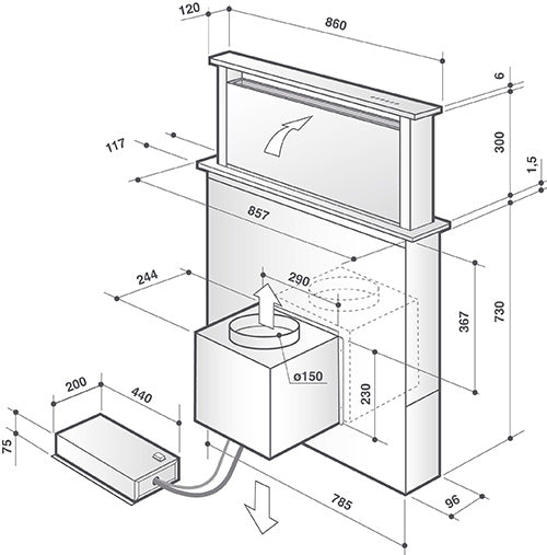 De Dietrich DHD7961B - Black 88cm Downdraft Extractor - 757m3/h Extraction Rate - Noise Level 38/61 dB