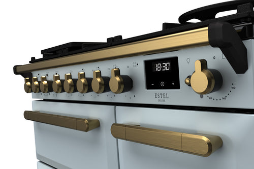 Rangemaster ESDL90DFPMSB/AB1 Estel Deluxe 90cm Dual Fuel Misty Blue/Antique Brass
