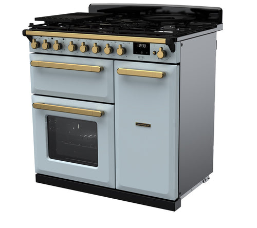 Rangemaster ESDL90DFPMSB/AB1 Estel Deluxe 90cm Dual Fuel Misty Blue/Antique Brass