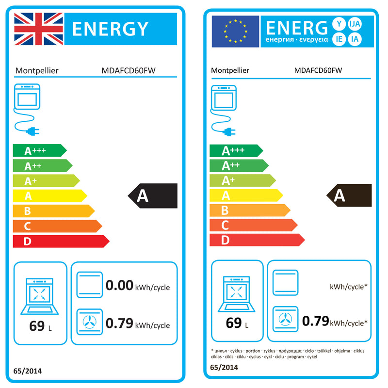 Montpellier MDAFCD60FW - White 60cm Double Oven Ceramic Cooker - 4 Zones - A/A Energy