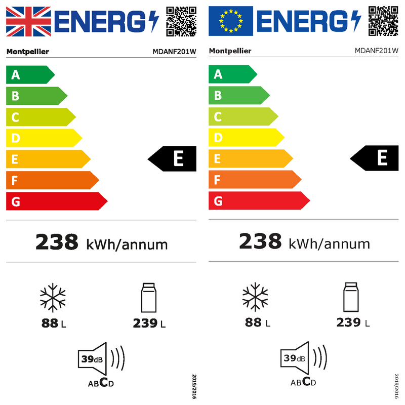 Montpellier MDANF201W - White Fridge Freezer - No Frost 327L - E Energy Rating