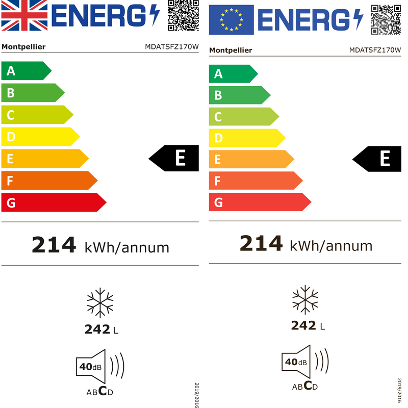 Montpellier MDATSFZ170W - White Tall Freezer - 242L - E Energy