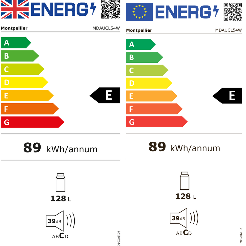 Montpellier MDAUCL54W - White Undercounter Larder Fridge - 128L - E Energy Rating