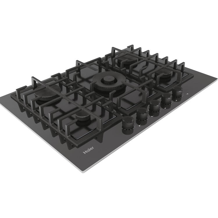 Haier HAVG75S2B - Black 5 Zone Glass Gas Hob