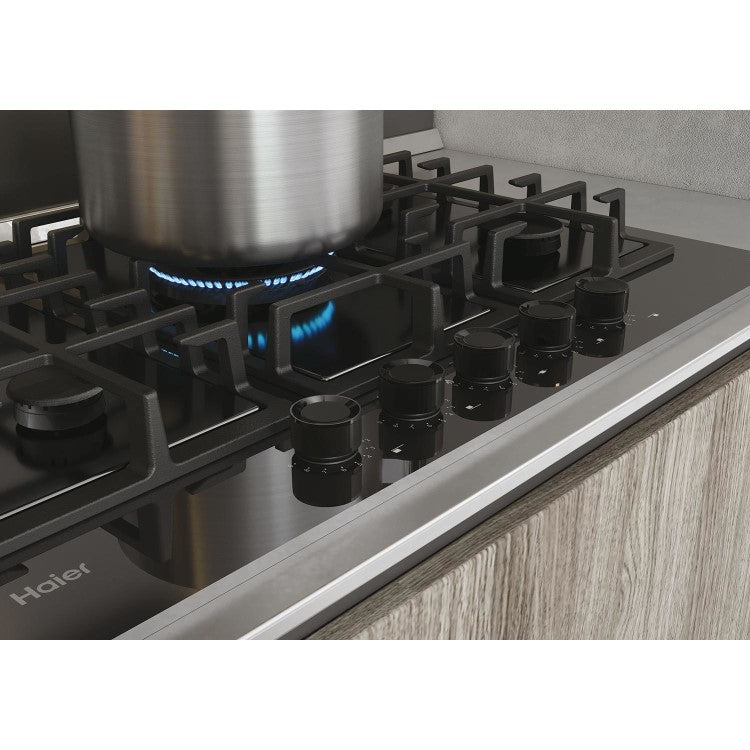 Haier HAVG75S2B - Black 5 Zone Glass Gas Hob