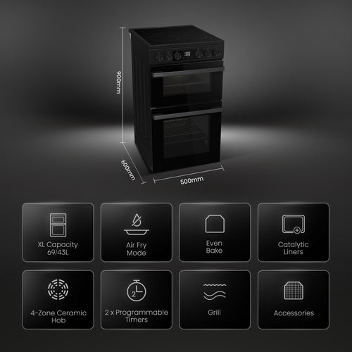 Hisense HDCEC5C10B - Black Electric Cooker - Double Oven Ceramic Hob - A Rated