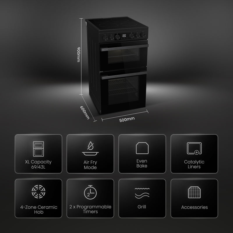 Hisense HDCEC5C10B - Black Electric Cooker - Double Oven Ceramic Hob - A Rated
