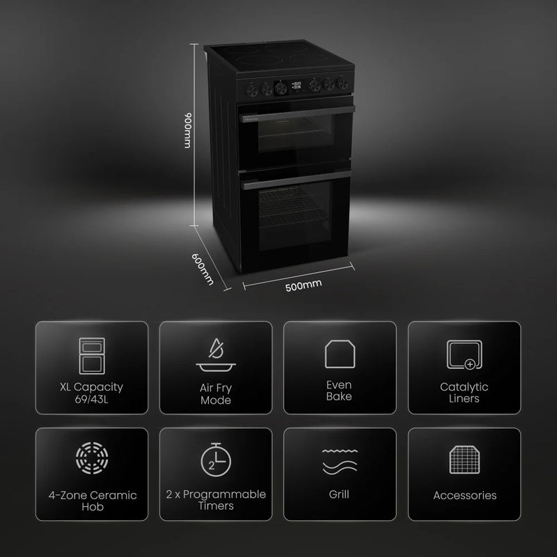 Hisense HDCEC5C10B - Black Electric Cooker - Double Oven Ceramic Hob - A Rated