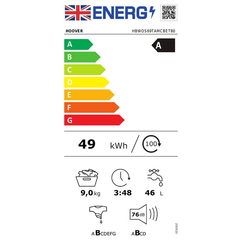 Hoover HBWOS69TAMCBET80 - White 9KG Integrated Washing Machine - 1600 RPM