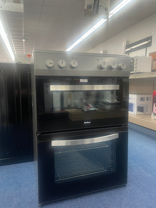 Amica AFC602SS 60cm Ceramic Electric Cooker with Double Oven, A Rated - Silver - Display