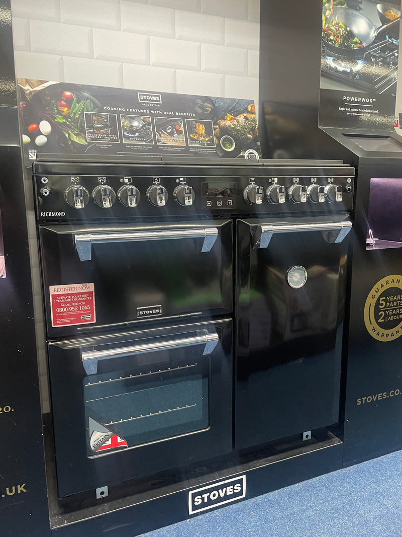 Stoves ST RICH S900DF BK - Black 5 Zone Dual Fuel Cooker - A energy - Display