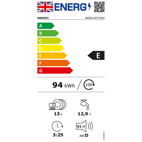 Indesit IN2IE13DT70 - White 60cm Integrated Dishwasher - 13 Place Settings - E Energy Rating