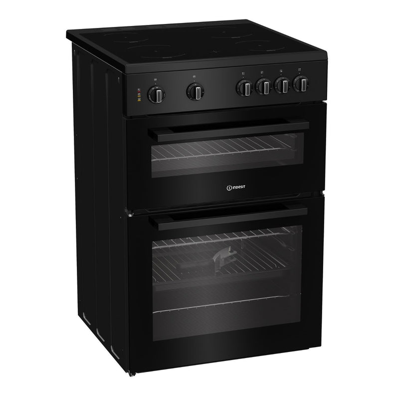 Indesit IT60V9KMB - Black 60cm Twin Cavity Electric Cooker - Double Cavity, Ceramic Hob, Steam&Clean - A Energy Rating