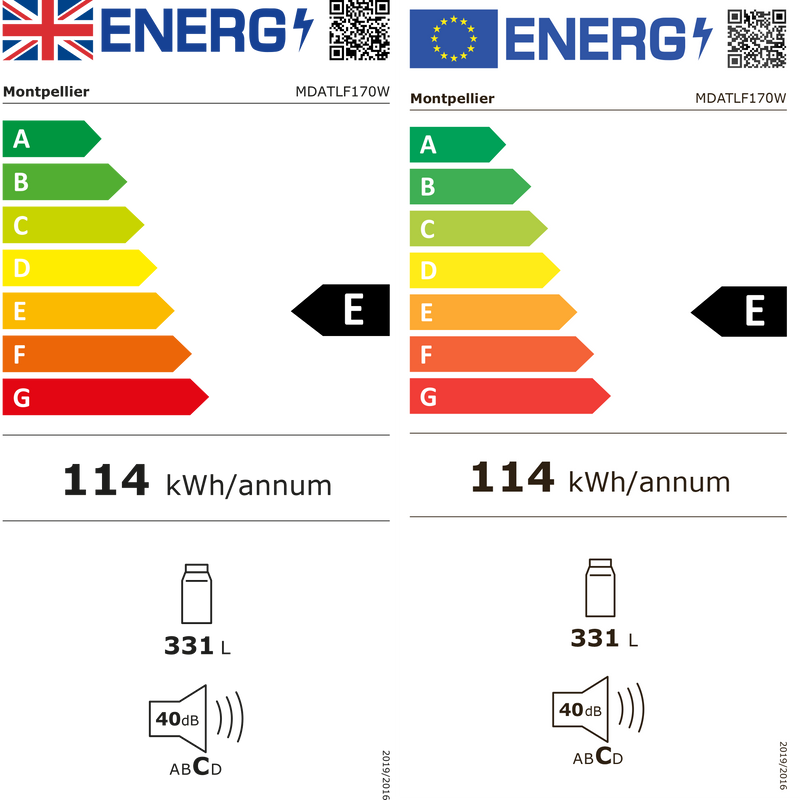 Montpellier MDATLF170W - White Tall Larder Fridge - 331L - E Energy Rating