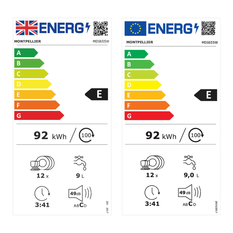 Montpellier MDI655W - White Semi Integrated 12 Place Settings Dishwasher - E energy