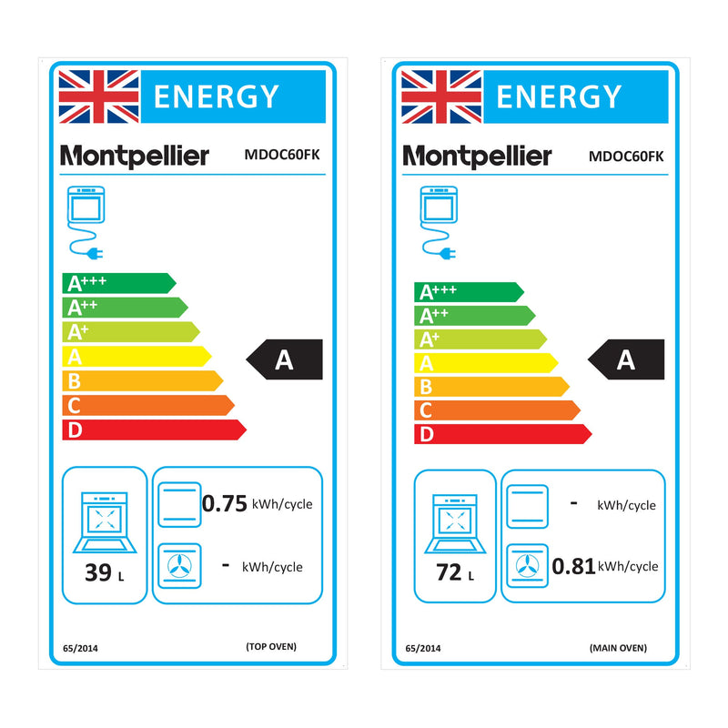 Montpellier MDOC60FW - White 60cm Ceramic Double Cooker - 72/39L Capacity - A/A Energy - Display