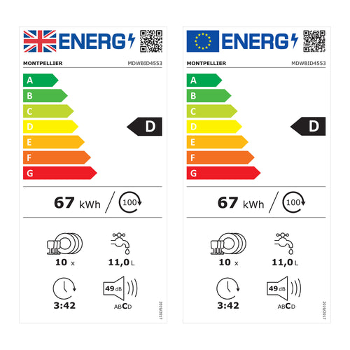 Montpellier MDWBID4553 - Slimline Integrated Dishwasher - 10 Place Settings - Energy Rating Unknown